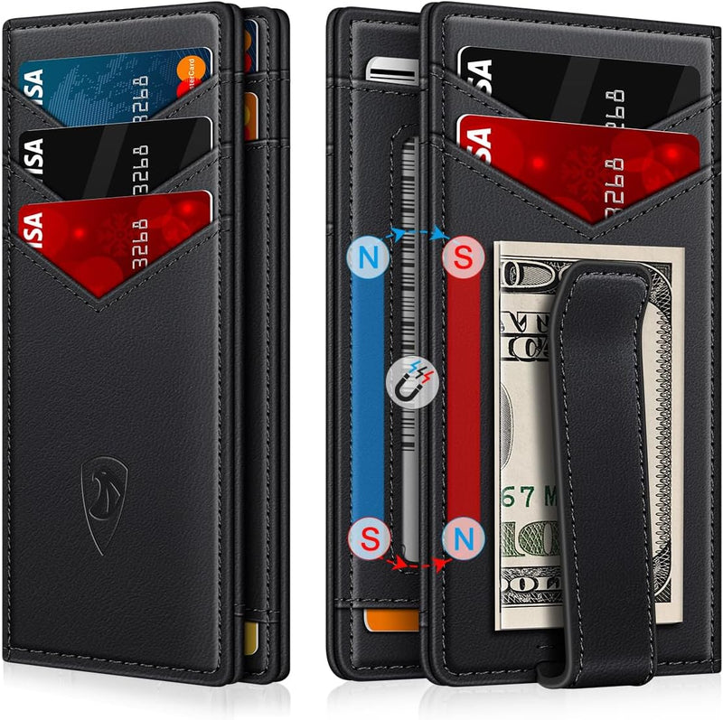 Wallet for Men Slim Leather Wallets for 12-15 Cards, Minimalist Thin RFID Blocking Card Holder with Money Clip & ID Window, Small Bifold Front