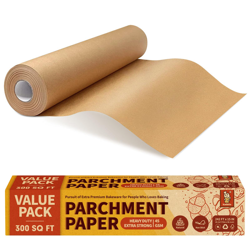 Katbite Unbleached Parchment Paper Roll, 15in x 242ft, 300 Sq.Ft, Non-Stick with Serrated Cutter for Baking, Cooking, Air Fryer 15 in x 242 ft