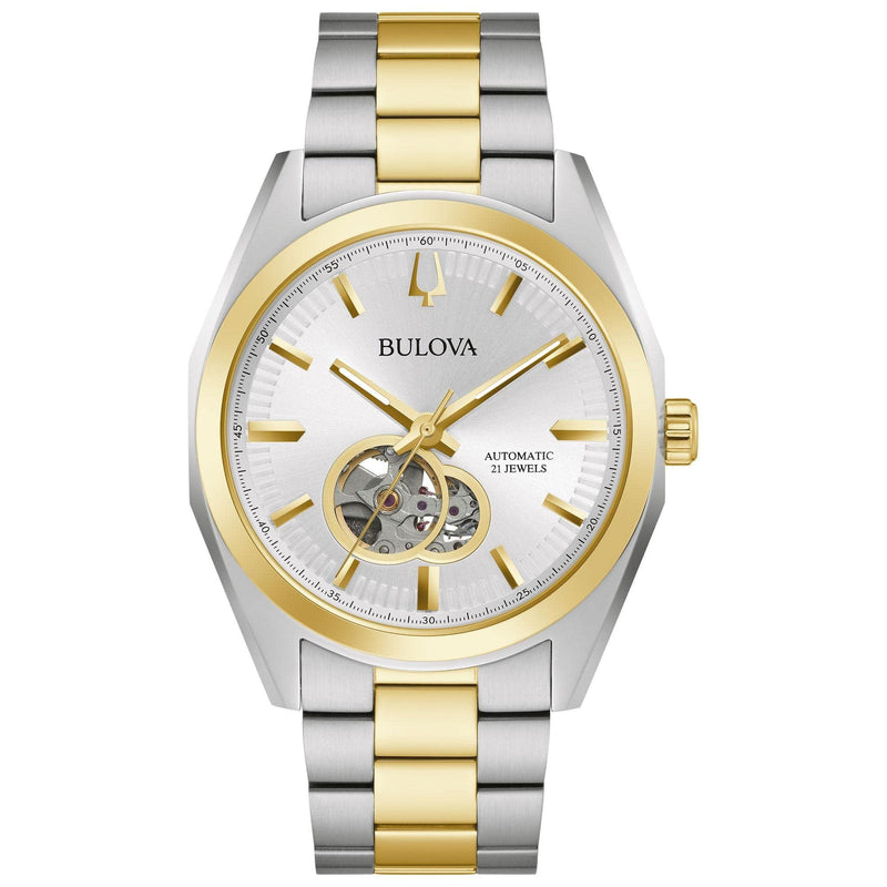 Bulova Men's Classic Surveyor 3-Hand Automatic Watch, Hack Feature, Luminous Hand, Open Aperture, Screw-Back Case, 42mm Two Tone Gold
