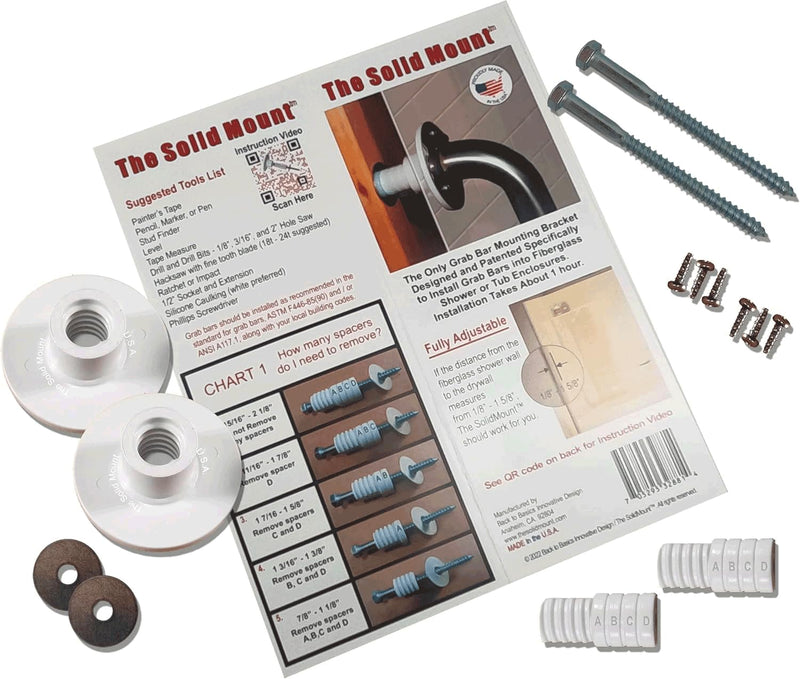Grab Bar Mounting Kit for Fiberglass Showers - The Solid Mount Made in USA | Anchors directly into a wall stud. One-piece spacer helps prevent