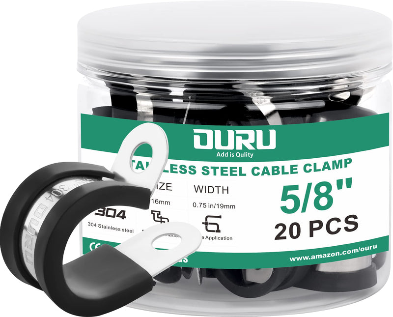 OURU 20pcs 5/8 Inch Stainless Steel Cable Clamps,Rubber Coated Cushioned Insulated Cable Clamp,Automotive Cable Wire Clamps,Pipe Clamps,Metal