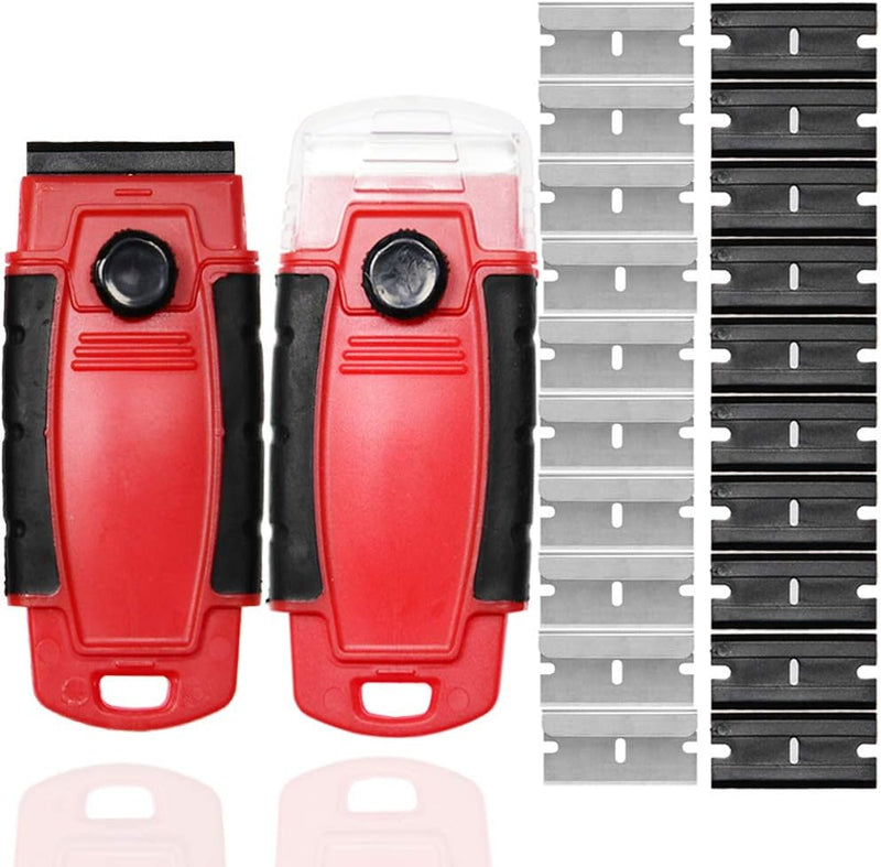 Plastic Razor Blade Scraper Hand Held Window Vinyl Tint Scraper with Protective Cover Razor Blade Red Scraper,10 Metal Razor Blades 10 Black