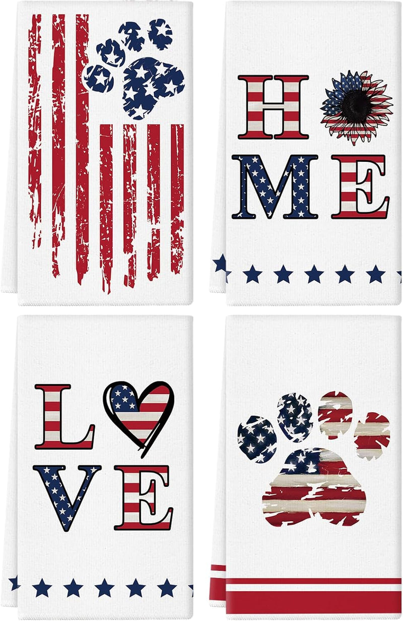 GPGHE 4th of July Kitchen Towel 18x26 Inch American Flag Home Love Dog Paw Hand Towels Independence Day Memorial Day Home Kitchen Party