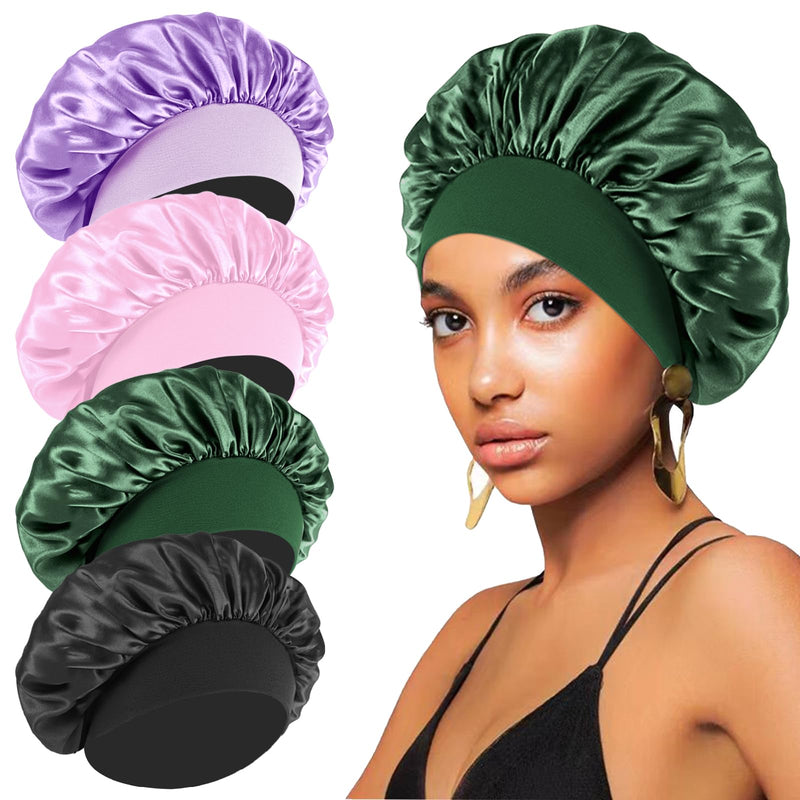 4PCS Silk Bonnet for Sleeping - Hair Satin Bonnets for Black Women Men,Wrap Cap for Curly Hair,Elastic Wide Band Bonnet Shower Cap for Sleeping