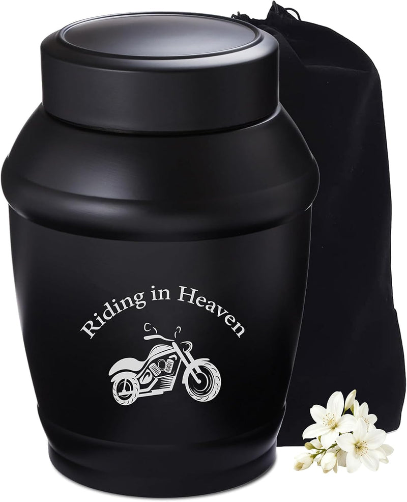 Medium Urn for Ashes Adult Male with Motorcycle, 5.7 Inch Black Decorative Medium Size Urns for Human Ashes Adult Male/Dad/Men/Son