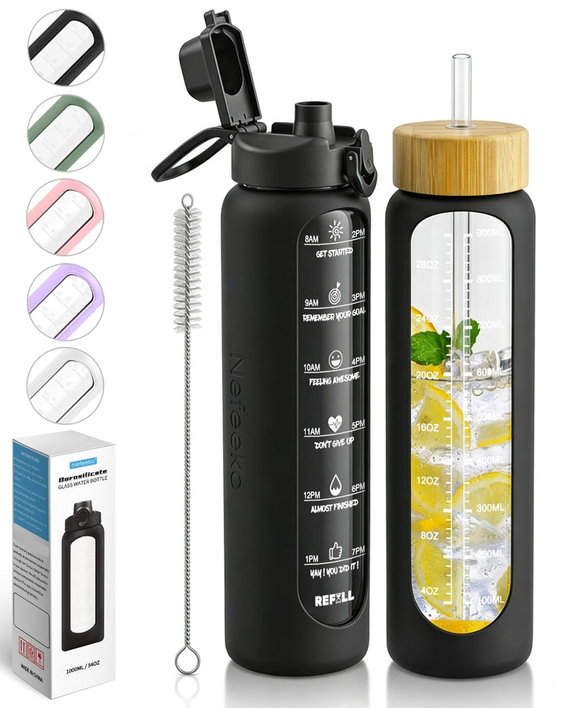 Nefeeko 32 oz Glass Water Bottles with Straw, Time Marker, Motivational 1 Liter BPA FREE Leakproof Reusable Glass Water Bottle with Silicone