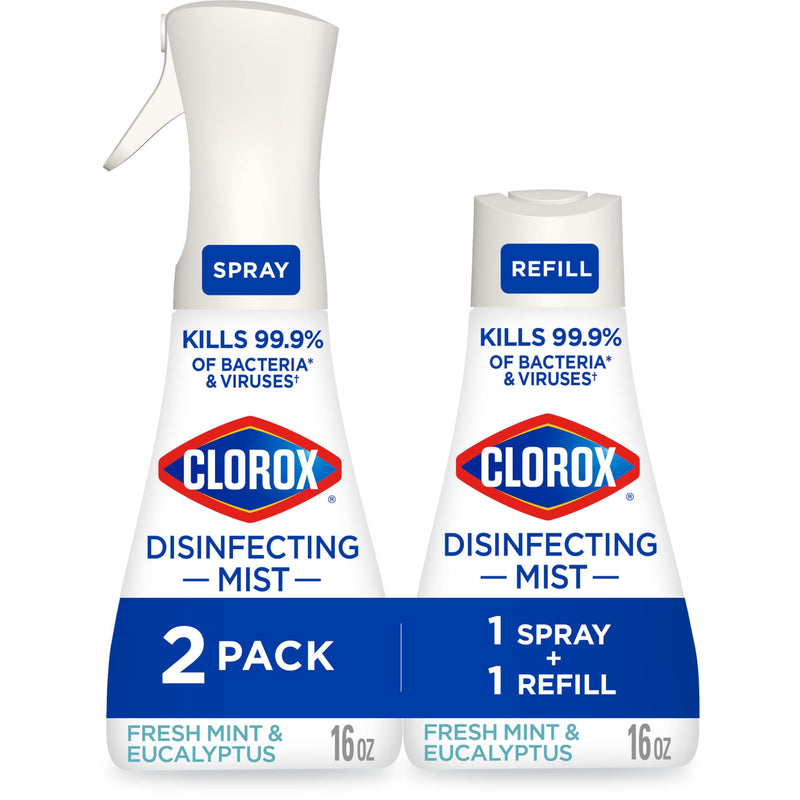 Clorox Disinfecting Mist, Eucalyptus Peppermint, Household Essentials, 1 Spray and 1 Refill, 16 Oz Each