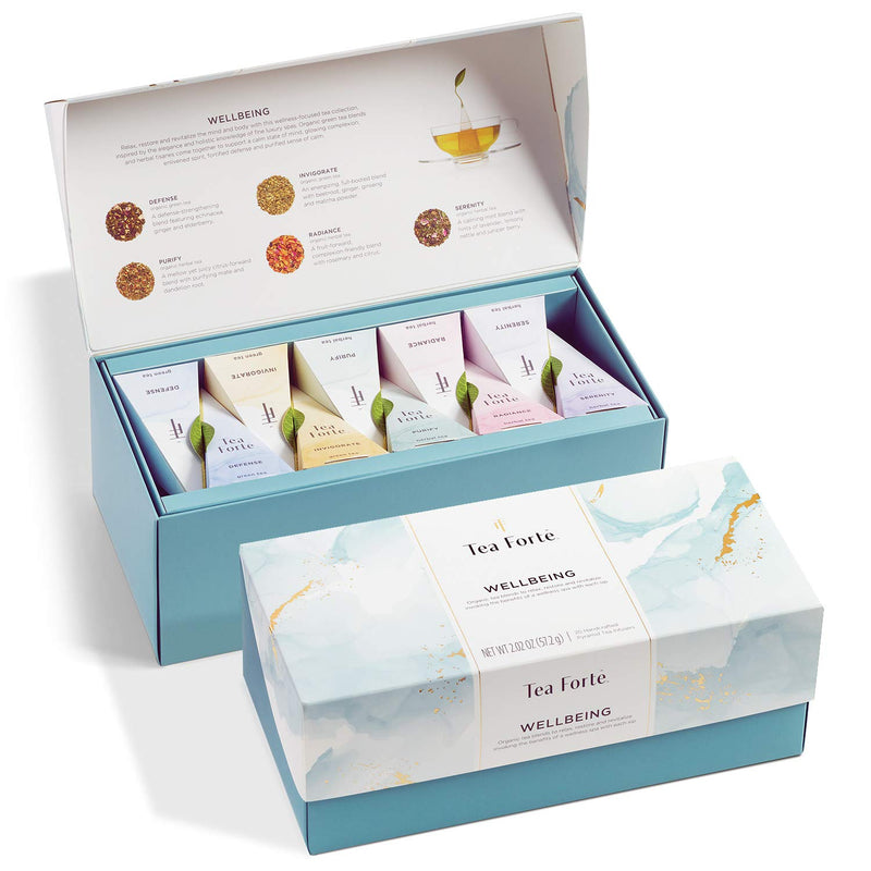 Tea Forte Wellbeing Assorted Presentation Box Tea Gift Set, 20 Count, 2 of Each Variety Individually Wrapped Handcrafted Pyramid Infuser Bags