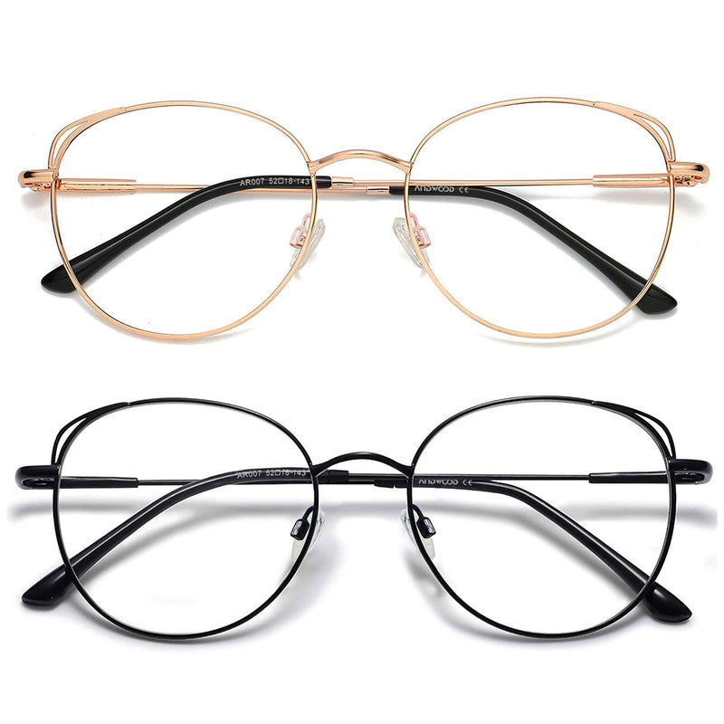ANDWOOD Blue Light Blocking Glasses Women Cat Eye Computer Eyeglasses Metal Frame Hipster 2 Pack (2pack) Rose Gold + Black | Anti-blue Light Lens