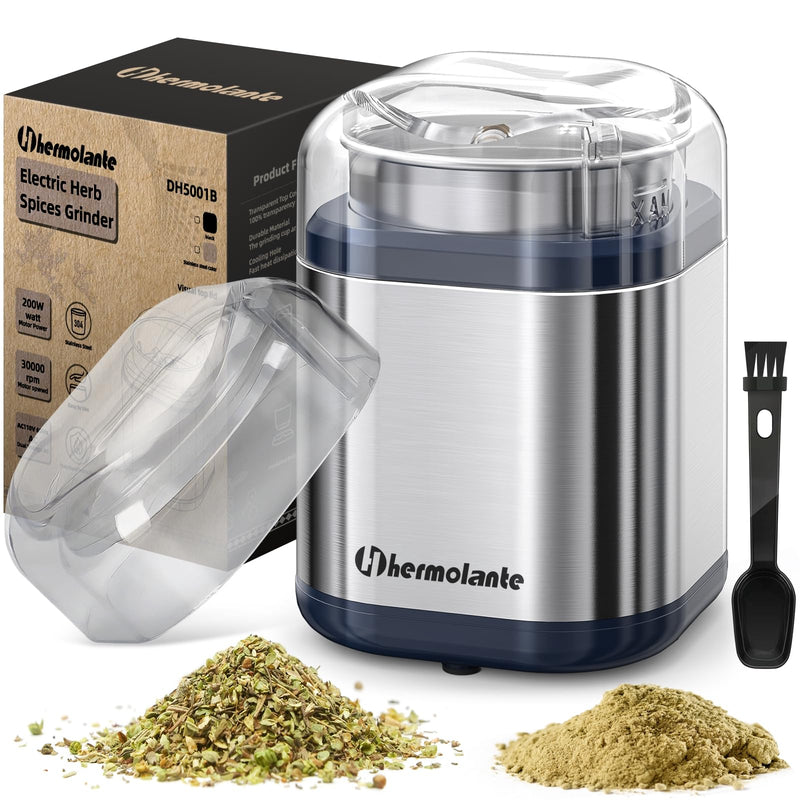 Hermolante Herb Grinder Spice Grinder, 200 w Herb Grinder with Stainless Steel Blade and Cleaning Brush, Compact Size Electric Grinder for Herbs