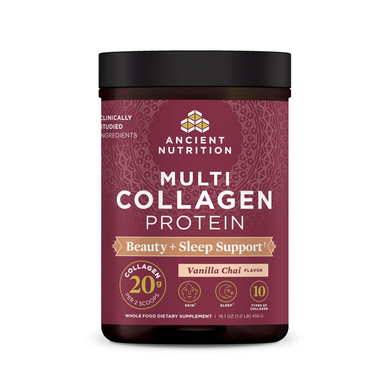 Ancient Nutrition Collagen Powder Protein, Multi Collagen Protein Beauty + Sleep with Vitamin C, Vanilla Chai, Hydrolyzed Collagen Peptides