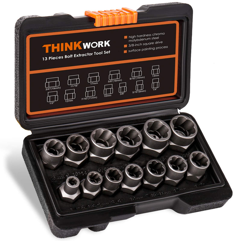 14-Piece Bolt Extractor Kit, 3/8" Drive Impact Bolt & Nut Remover Set | for Damaged, Rusted, Rounded-Off, Stripped Fasteners, 8-19mm, Cr-Mo Steel,