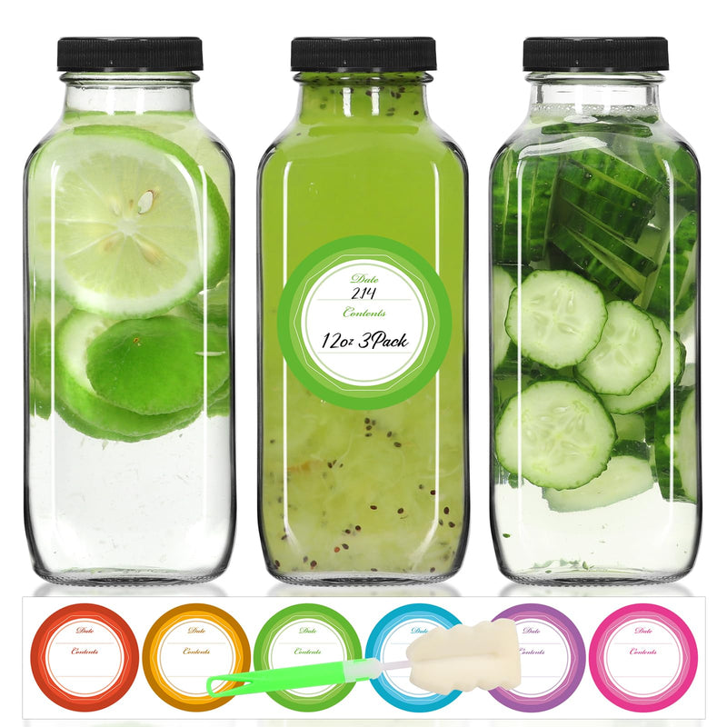 STARSIDE 12oz 3-Pack Glass Juice Bottles with Leak-proof Lids 12oz-3pcs