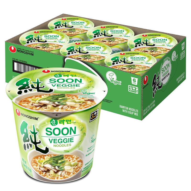 Nongshim Soon Veggie Ramyun Noodles, Signature Korean Instant Ramyun, Vegetable Flavored Broth, Vegan Noodles, Quick & Easy, Microwaveable Cup,
