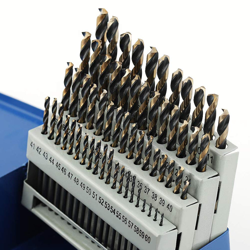 COMOWARE 60pcs Number Drill Bit Set, Wire Gauge to #60, HSS M2 Drill Bit, 135° Split Point, Black and Gold Coated, Drill Bit Set for