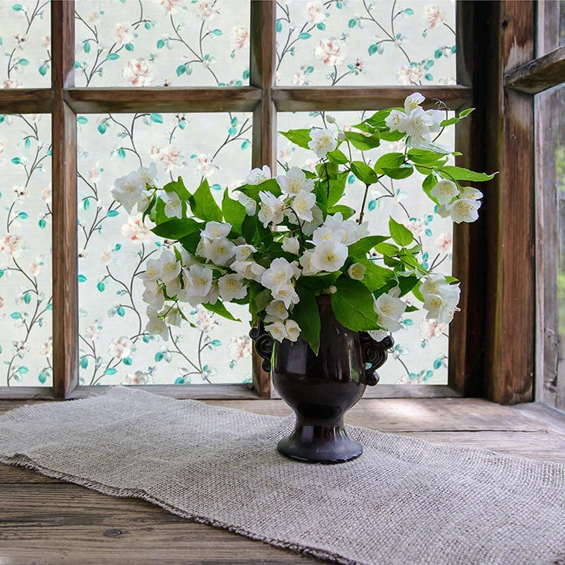VSUDO Static Cling Decorative Window Privacy Film – Frosted Privacy Window Film with Jasmine Floral & Stained Glass Design, Adhesive-Free Tint for