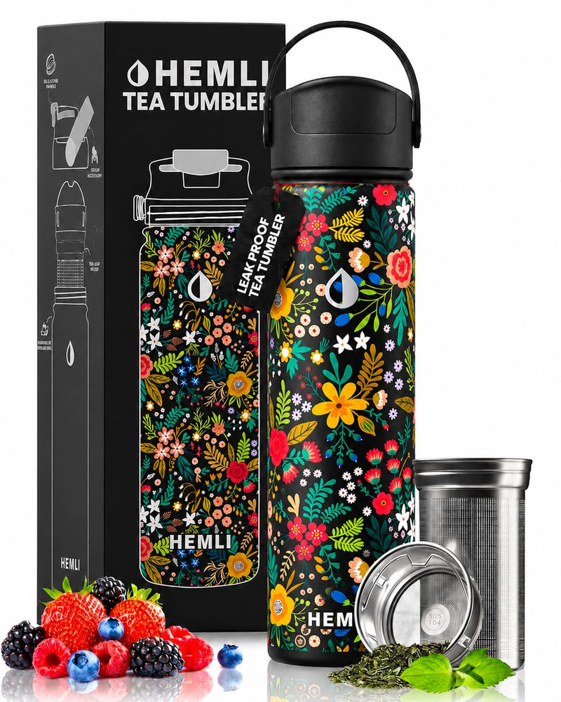 22 oz Ceramic Lined Tea Infuser Travel Tumbler, Micro-Mesh Stainless Steel Infuser, Pure Taste Ceramic Interior, Triple Insulated 12hr Hot Cold,