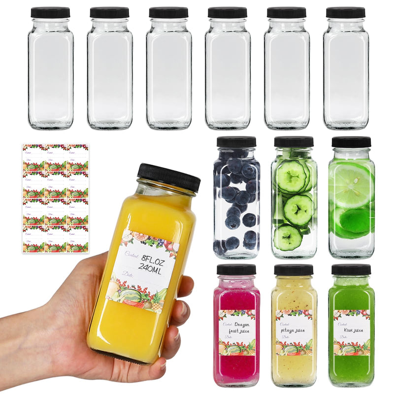 Alotpower 8 oz Glass Juice Bottles with Lids 12Pack | 240ml Square Reusable Drinking Bottles for Juicing, Water, Kombucha Juices, Milk, Beverages