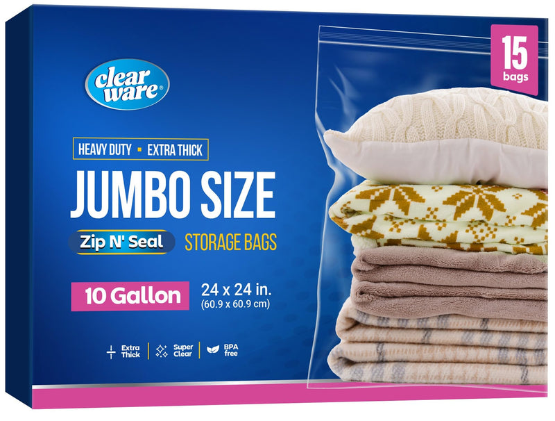 15 Count - Large Storage Bags With Zipper Top, 10 Gallon Size 24" x 24", Extra Large Plastic, For Clothes, Travel, Moving, BPA-Free, Heavy Duty