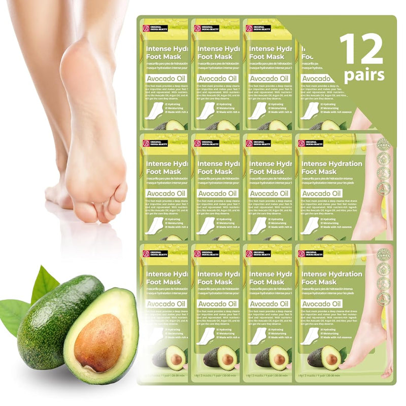 Original Derma Beauty Foot Mask 12 Pairs Intense Hydration Avocado Oil Moisturizing Foot Mask Set Body Exfoliator Callus Remover Foot Masks Foot