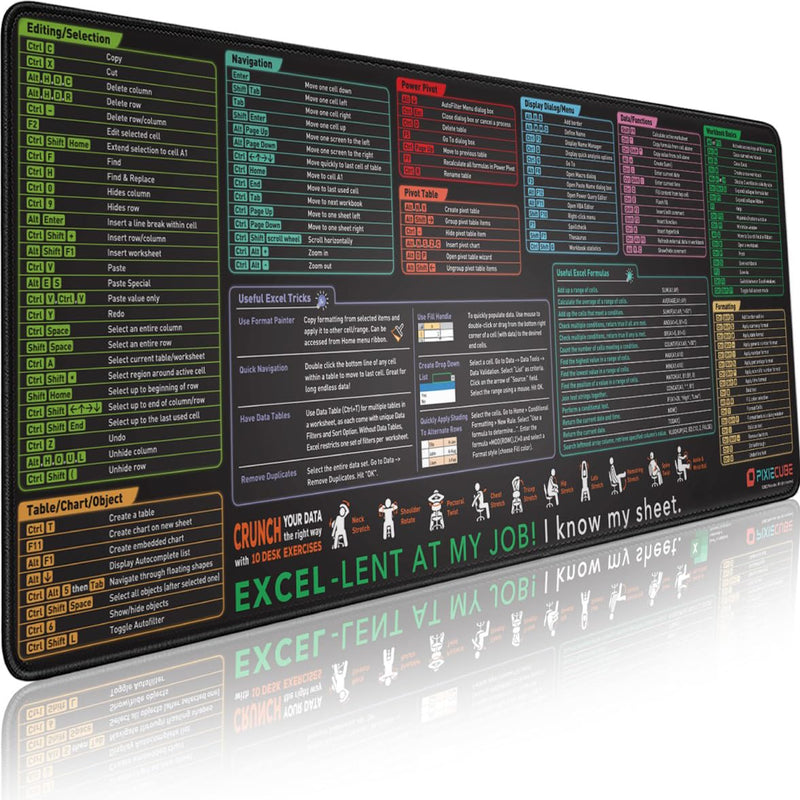 Pixiecube Excel Cheat Sheet Desk Pad | Excel Shortcut Keys Mouse Pad | Extended Large XL Gaming Mousepad | PC Office Spreadsheet Keyboard Mat |