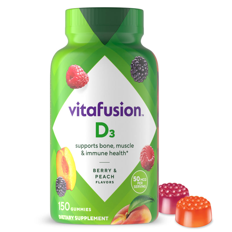 Vitafusion Vitamin D3 Gummy Vitamins for Bone and Immune System Support, Peach, Blackberry and Strawberry Flavored, 50 Mcg Vitamin D, AmericaâS