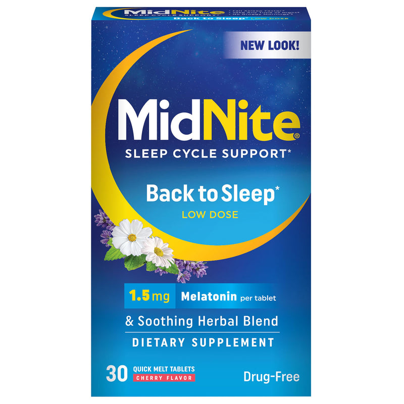 MidNite Back to Sleep Low Dose, 1.5 mg Melatonin Sleep Aid, Non-Habit Forming, Herbal Dietary Supplement for Adults, Drug-Free, Gluten-Free &