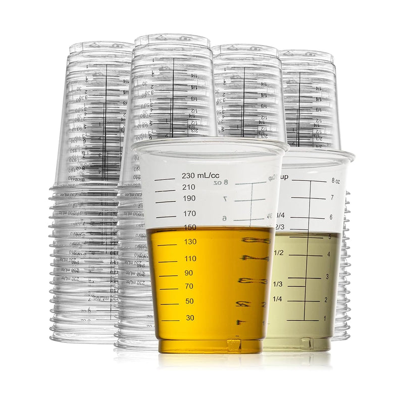 Prestee 50 Disposable Measuring Cups 8 oz - Plastic Paint Measuring Cups and Disposable Mixing Cups for Epoxy Resin - Versatile, Clear Measurement