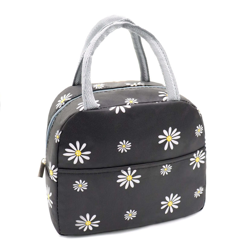 Sonuimy Insulated Lunch Bag Women, Reusable Cute Tote Lunch Box Black/White Black with White Daisy