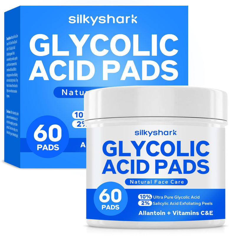 SilkyShark Glycolic Acid Resurfacing Pads (60 Count), 10% Ultra Pure + 2% Salicylic Acid, Exfoliating Peel Pads for Face, Effective Chemical Peel,