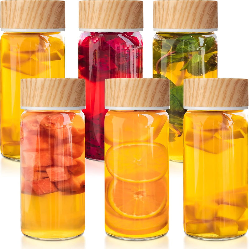 Nuogo 6 Pack Glass Bottles with Lids 12 Oz Juicing Bottles Reusable Wide Mouth Glass Cups Airtight Leak Proof Drinking Milk Water Tea Cups for
