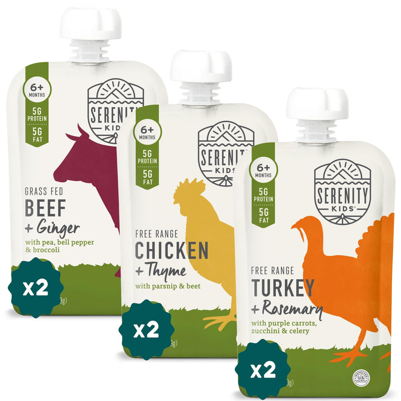 Serenity Kids Organic Baby Food Pouches, 5g Protein, 3.5 Oz, 6 Pack | 5g Protein, No Added Sugar, Savory Meat Pouches, Baby Snacks, Toddler Food,