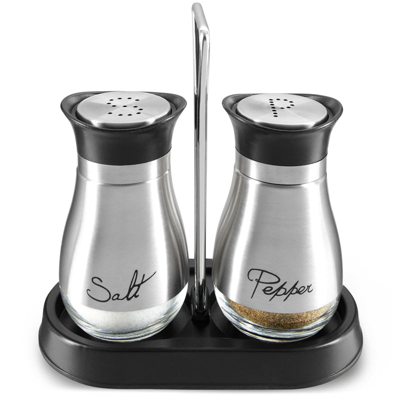 Juvale Stainless Steel Salt and Pepper Shakers Set with Holder, Refillable, Clear Glass Bottoms, Screw-Off Perforated "S" and "P" Caps for Kitchen