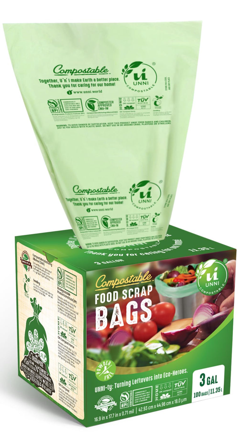 UNNI Compostable Liner Bags, 3 Gallon, 11.35 Liter, 100 Count, Extra Thick 0.71 Mil, Small Kitchen Food Scrap Waste Bags, ASTM D6400, US BPI, CMA