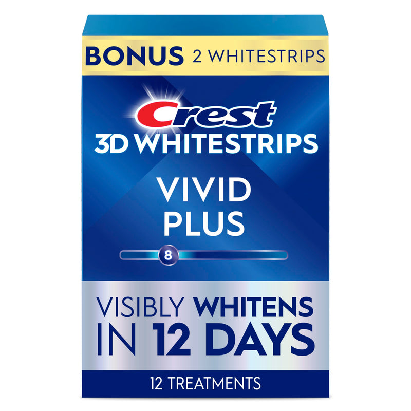 Crest 3Dwhitestrips Vivid plus Whitestrips 3D White, 10 Treatments + 1 Hour Express 2 Treatments Teeth Whitening Kit, 8 Levels Whiter, Crest Teeth