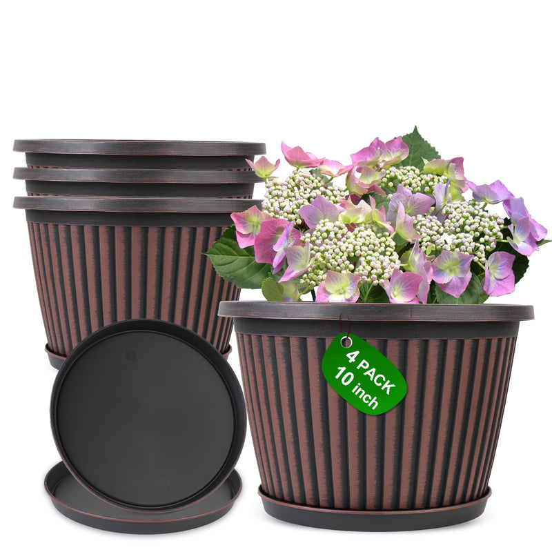 Myfeegoin Planter-Pots-for-Plants-Indoor-Outdoor, 4 Pack 10 Inch Plastic Flower Pots with Saucer & Drainage Holes, Modern Garden Planters for