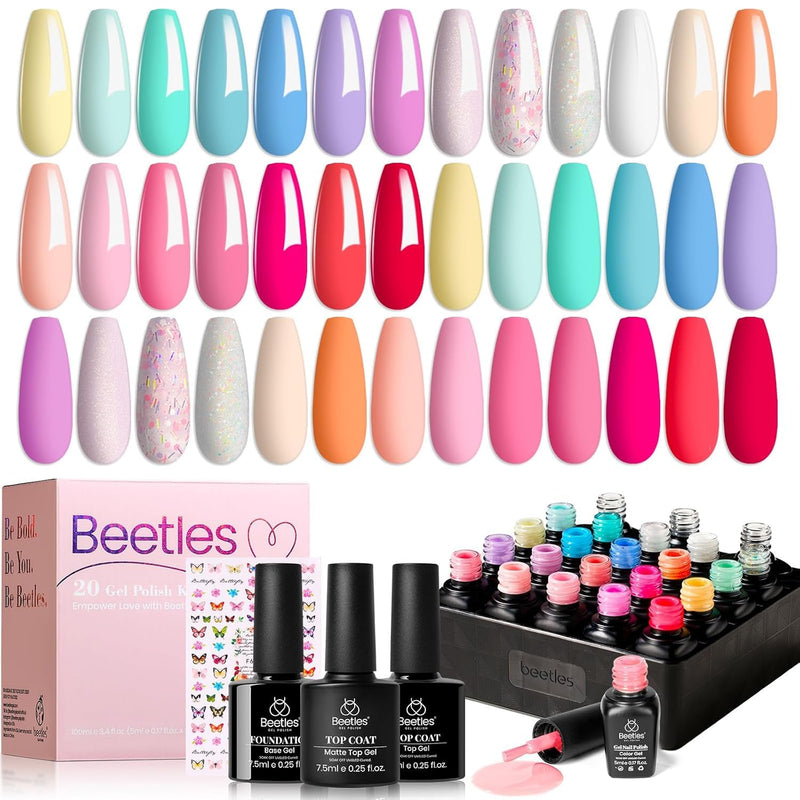 Beetles Gel Nail Polish Set With Base & Matte Top Coat Pastel Gel Polish | 20 Color Pastel Shades Featuring Pink Blue Purple Green Yellow Nude
