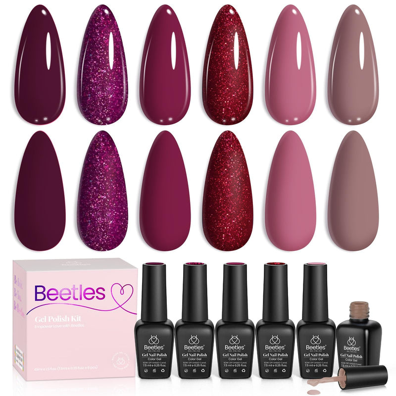 beetles Burgundy Gel Polish Set - Berry Merlot 6 Colors Plum Gel Polish, Cherry Mocha Red Glitter Dark Purple Wine Nails Color, U V LED Soak Off