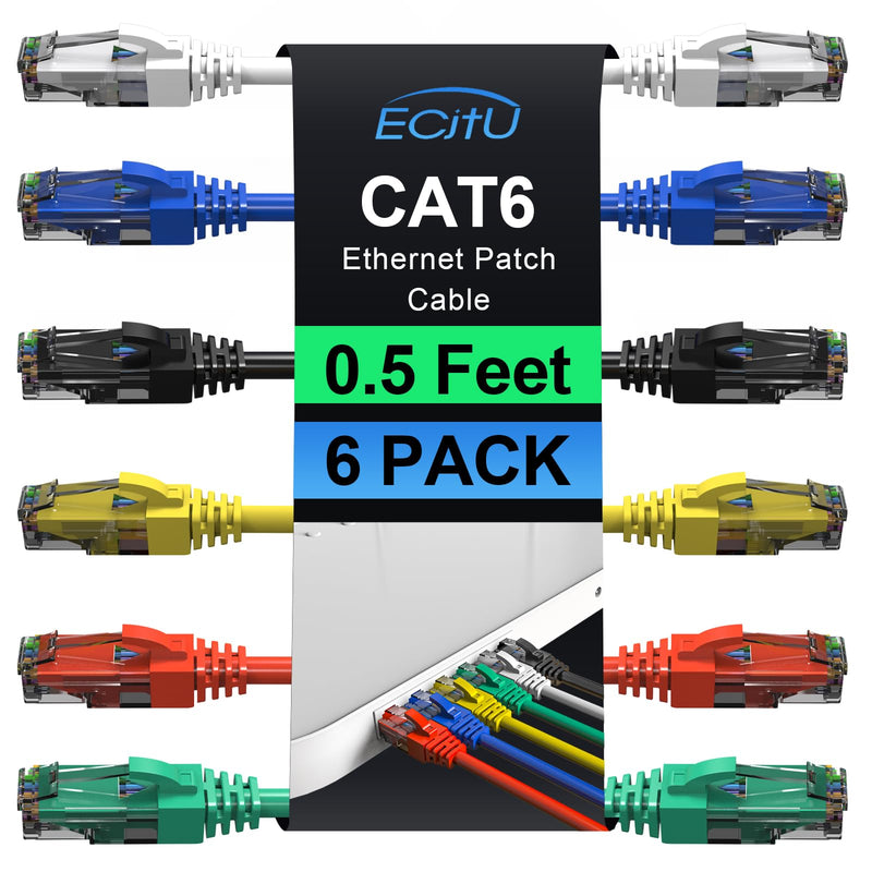 Cat6 Patch Cables 0.5 Foot (6 Pack), Cat 6 Ethernet Cable, 24AWG CCA Cord, UTP Network, Internet Cable, Compatible for PC, Routers, Switches,