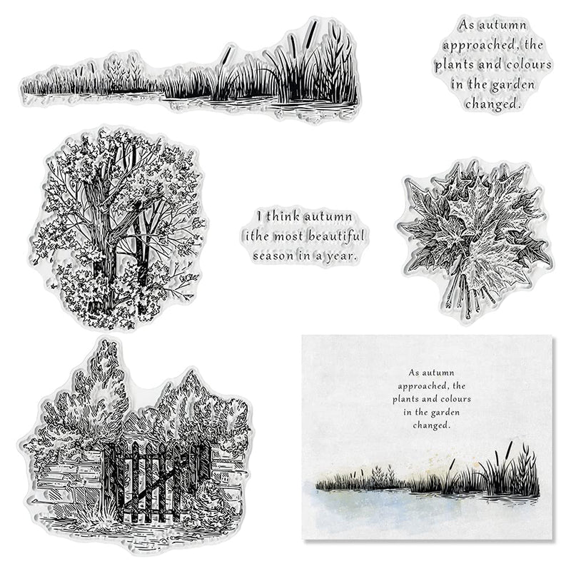 Threetols Autumn Tree Background Clear Stamps for Card Making Scrapbooking and Sentiment Words Transparent Silicone Stamps Photo Album Decor