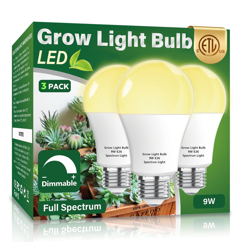 3 Pack Full Spectrum Grow Light Bulbs,A19 Grow Lights for Indoor Plants,Dimmable E26 9W Grow Bulb Replace up to 100W,Plant Lights for Indoor