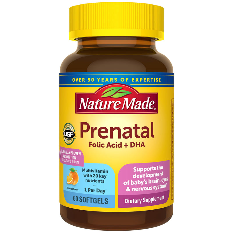 Nature Made Prenatal Vitamins for Women with Folic Acid + DHA, 60 Softgels Unflavored 60 Count (Pack of 1)