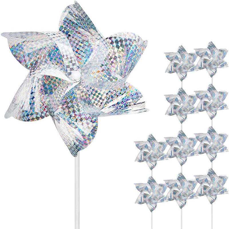 10 Pack Reflective Pinwheels for Garden Yard - Sparkly Silver Bird Deterrent Devices for Outside - Humane Woodpecker, Pigeon & Goose Repellent