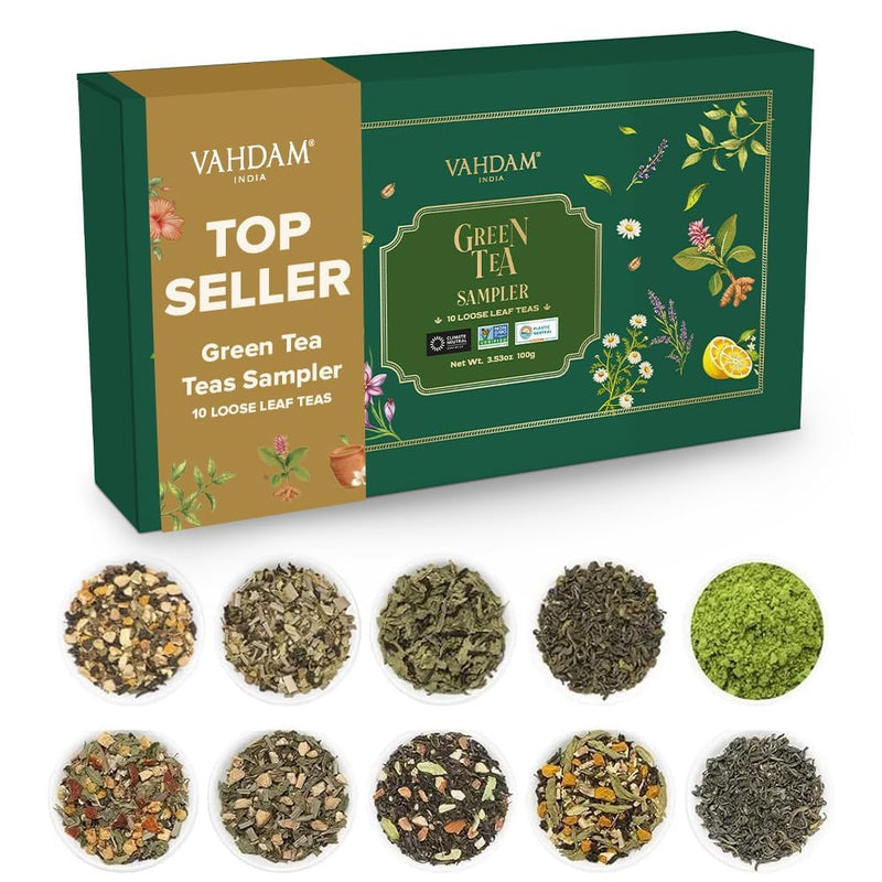 VAHDAM Green Tea Loose Leaf Sampler|10 Premium Teas in a Gift Box(50+ Cups) Green Tea Sampler - 10 Teas 10 Count (Pack of 1)
