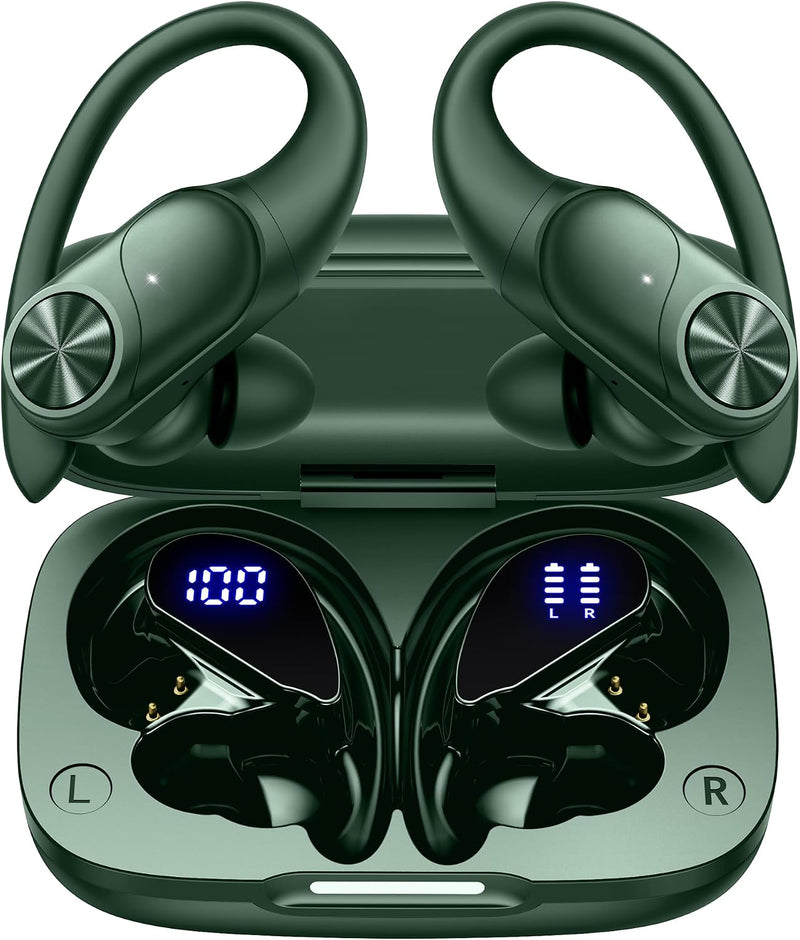 Pocbuds Bluetooth Headphones Wireless Earbuds 80Hrs Playtime Wireless Charging Case Digital Display Sports Ear Buds with Earhook Deep Bass IPX7