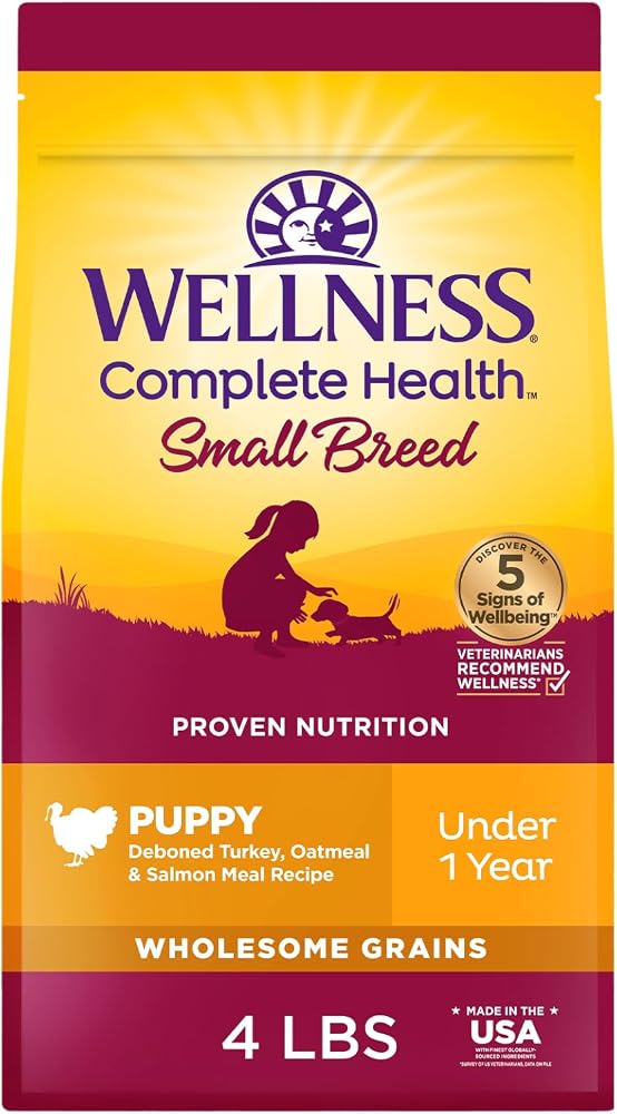 Wellness Complete Health Puppy Dry Dog Food, Small Breed, Wholesome Grains, Natural, Chicken, Oatmeal, & Salmon Recipe, (4-Pound Bag)