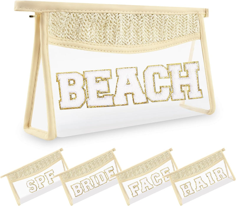 Small Boho Straw Clear Beach Makeup Bags for Women&Girls, Zipper Cosmetic Bag Chenille Varsity Letter Patch Bag, Preppy Cute Toiletry Pouch,