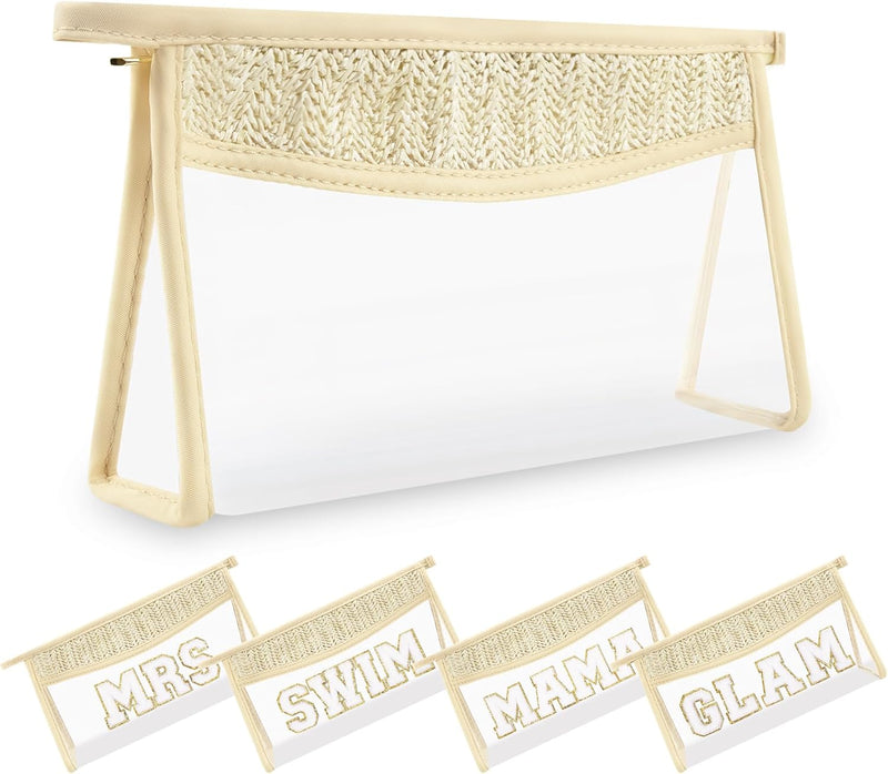 Small Boho Straw Clear Makeup Bags for Women&Girls, Zipper Cosmetic Bag Chenille Varsity Letter Patch Bag, Preppy Cute Toiletry Pouch, Trendy