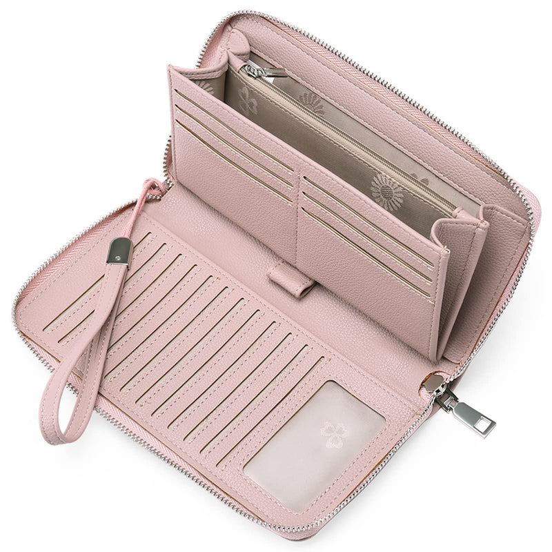 GOIACII Womens Wallet RFID Blocking Leather Zip Around Wallet Large Capacity Long Purse Credit Card Clutch Wristlet A02 Pink