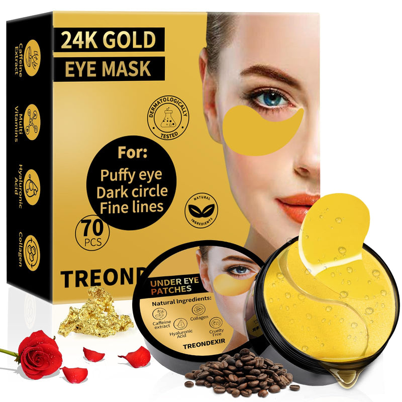 24K Gold Eye Masks for Dark Circles and Puffiness 70PCS, Under Eye Patches for Puffy Eyes Treatment, Under Eye Gel Pads w/ Collagen, Caffeine,